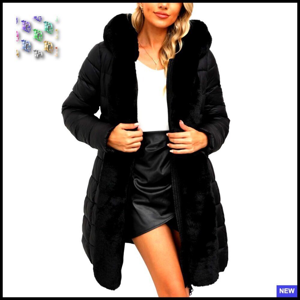 Faux Leather Puffer Jacket Waterproof Quilted Bubble Coat with Fur Hood Belted